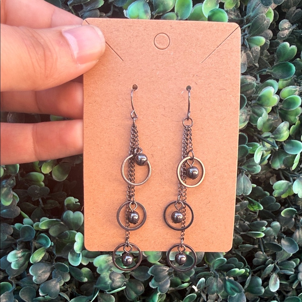 Dangle Chain Hoop Earrings in Dark Gunmetal